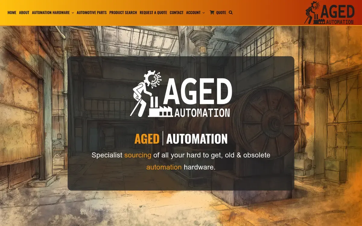 The agedautomation.com home page: the Aged Automation logo and the line “Specialist sourcing of all your hard to get, old & obsolete automation hardware” over a sepia sketch of an old factory interior.