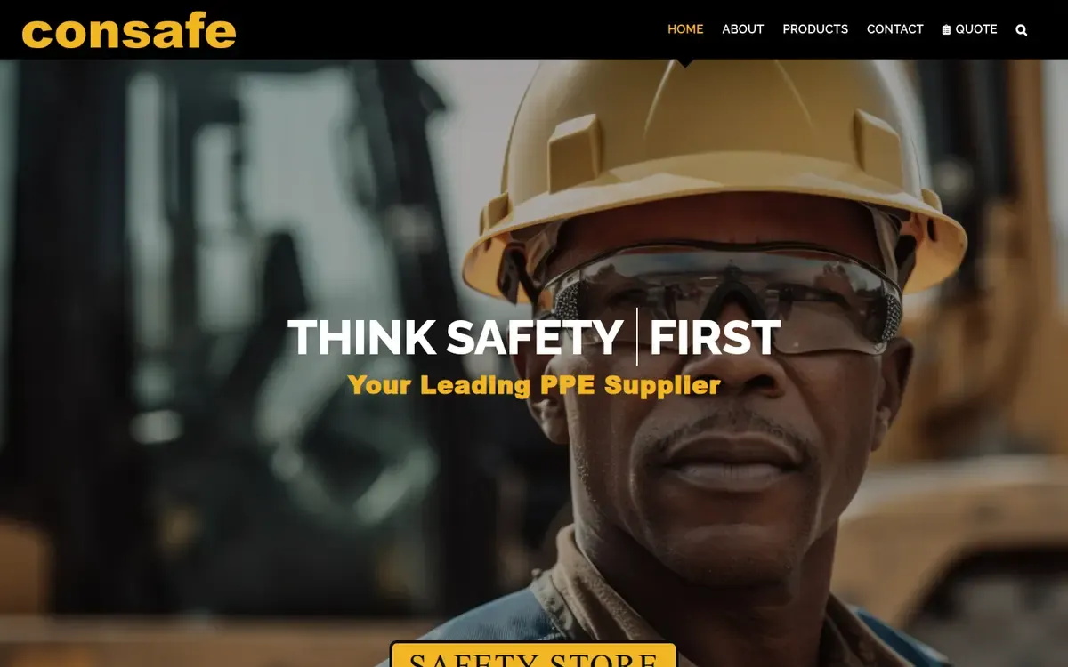The Consafe home page: a worker in a yellow hard hat and safety glasses behind the line “Think Safety First, Your Leading PPE Supplier”.