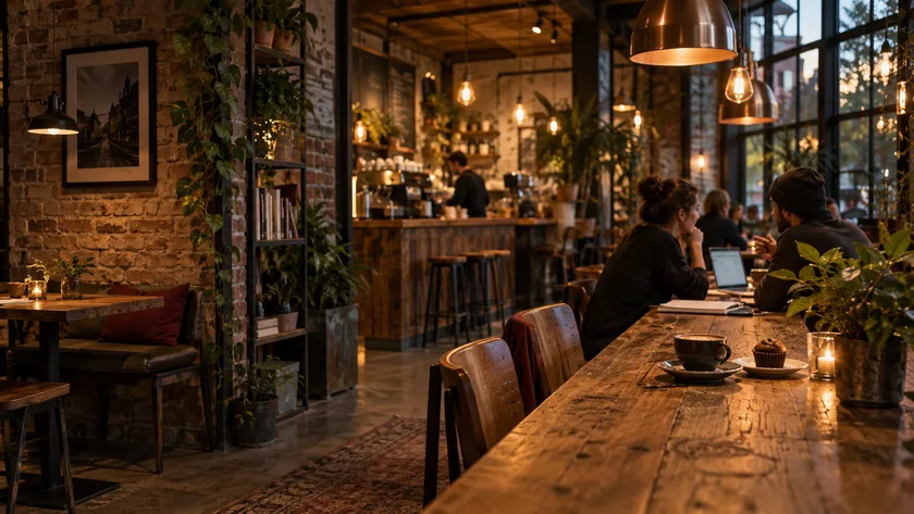 Café concept: warm timber tables, coffee and people sharing ideas under copper lights