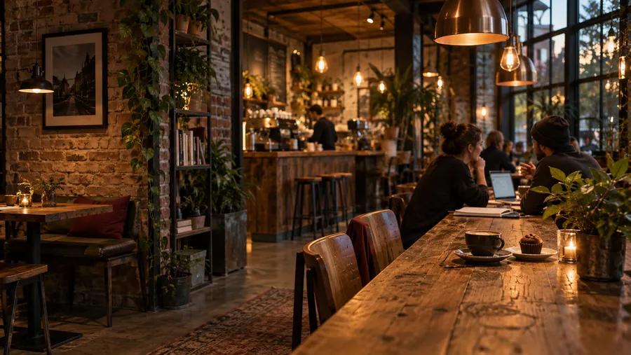 Café concept: warm timber tables, coffee and people sharing ideas under copper lights
