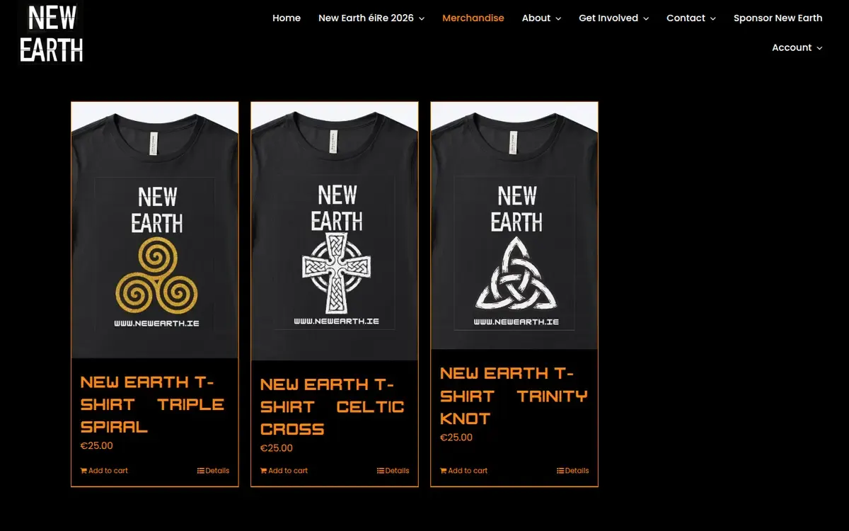 The New Earth èiRe merchandise page: three black New Earth T-shirts printed with a triple spiral, a Celtic cross and a trinity knot, each at €25.00 with an Add to cart link.